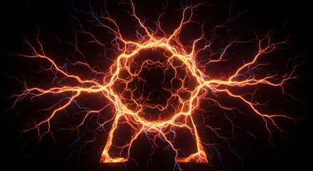 Poster - Glowing orange electrical discharge forming a circular shape on a dark black background design art