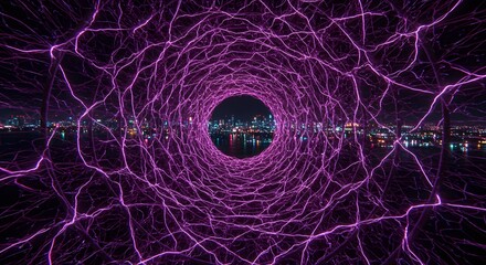 Poster - Abstract tunnel of purple light leading to a city skyline at night reflecting in the water