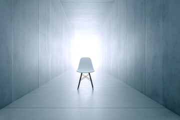 Poster - Minimalist White Chair in Abstract Corridor - A single white chair sits in a long, light-filled corridor. Concepts: solitude, expectation, opportunity, journey, decision