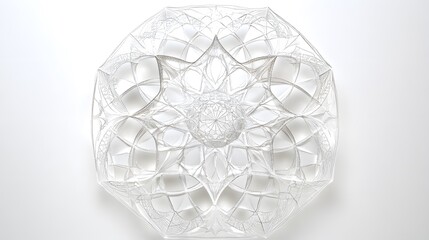 Poster - Intricate, translucent geometric design.  A complex, white, mandala-like structure with radiating lines and patterns.  Elegant and symmetrical, perfect for design or tech backgrounds.