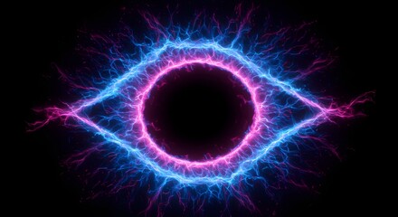 Poster - An abstract eye shape formed by blue and pink energy with a dark black void in the center of the eye