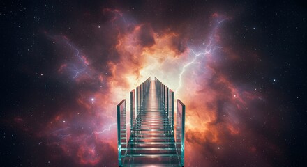 Poster - A glass staircase leading up to a bright light in a colorful nebula with stars and lightning bolts