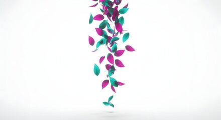 Poster - Falling leaves in shades of pink and teal on a white background in a studio setting with bright light