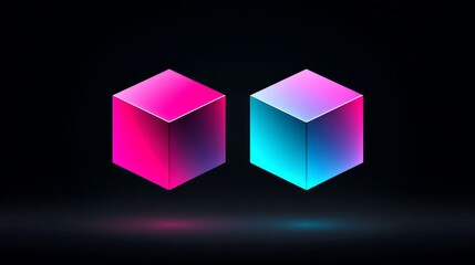 Poster - Neon Cubes Abstract Design - Two glowing cubes, pink and blue, float against a black background. Modern, abstract art