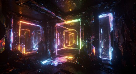 Poster - A dark tunnel with glowing square frames creating a surreal and futuristic perspective view inside