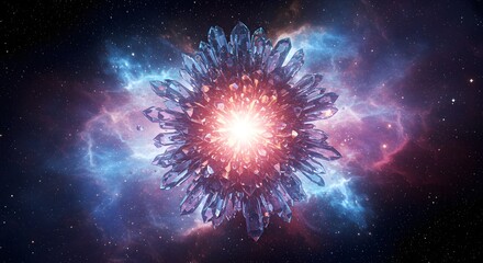 Poster - A cosmic crystal formation with a bright core surrounded by a colorful nebula in deep space view
