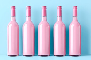 Poster - Pink Bottles on Blue Background - Five pink bottles stand in a row against a light blue background. Clean and simple product shot