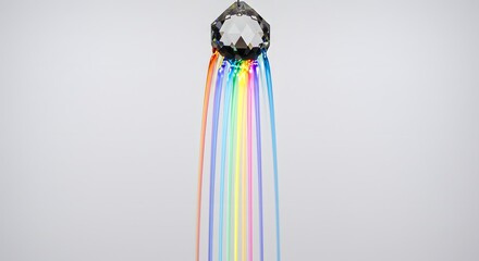 Poster - A crystal prism hanging with rainbow light streaks against a plain white background in a studio shot