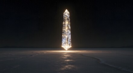 Poster - Illuminated crystal obelisk standing on a reflective surface under a starry night sky background