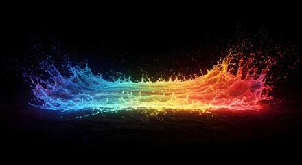Poster - A vibrant rainbow water splash against a stark black background creating a dynamic visual effect