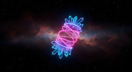Poster - A glowing crystal formation wrapped in pink light against a space nebula background in dark sky