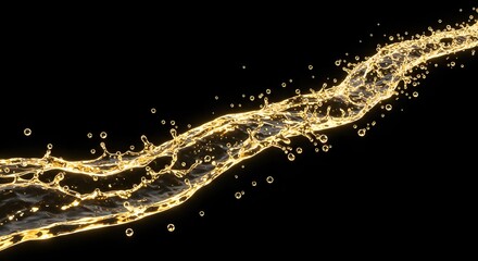 Poster - Golden liquid stream with droplets and splashes against a stark black background in dynamic motion