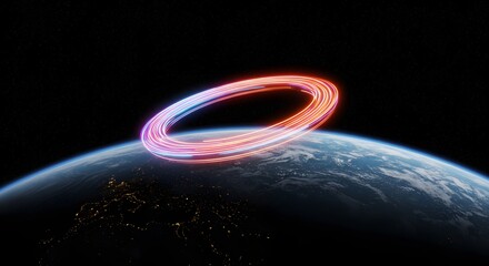 Poster - Glowing orange and blue ring hovering above earth in dark space with city lights visible below it