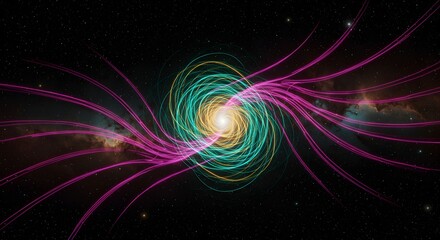 Poster - A swirling vortex of colored light with radiating lines against a starry cosmic background view