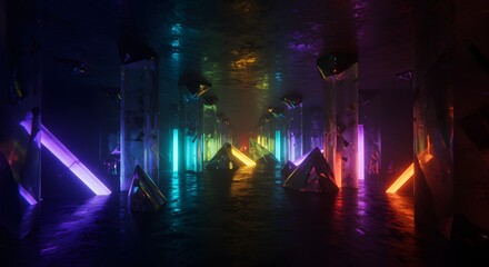 Poster - A corridor with neon lights and geometric shapes creating a futuristic and abstract atmosphere inside dark room