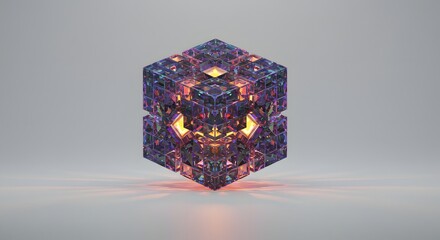 Poster - A complex cube structure made of smaller cubes with internal glowing light on a neutral background
