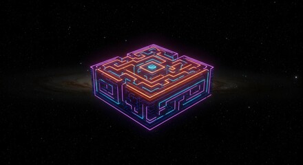 Poster - A three dimensional cube shaped maze with neon lights floating in a dark space background with stars
