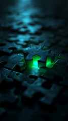Poster - Glowing green puzzle piece in dark blue textured surface, representing solution, connection, and completion, ideal for problem-solving or technology concepts
