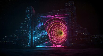 Poster - Abstract glowing portal with spiral tunnel and futuristic building structures in dark environment
