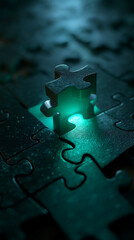 Poster - Close-up of dark puzzle piece fitting into place, glowing teal, symbolizing solution, connection, and completion.  Represents problem-solving, strategy, and teamwork