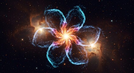 Poster - Glowing flower nebula with blue petals and orange center in a starry space background view from earth