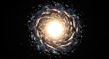 Poster - A swirling vortex of iridescent shards surrounding a bright light against a dark background