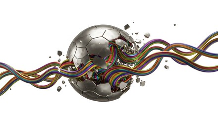 Poster - A shattered silver sphere with colorful cables emerging, set against a stark white background space