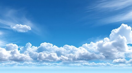 Naklejka na meble Serene Blue Sky with Puffy Clouds - A breathtaking panoramic view of a bright blue sky adorned with fluffy white clouds. Perfect for backgrounds, travel, and nature themes