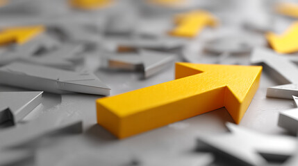 Poster - Yellow arrow among gray arrows, textured surface, showcasing leadership, direction, and standing out from the crowd