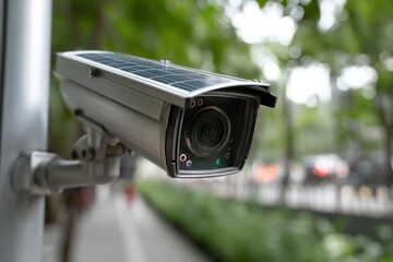 Poster - A close-up of a security camera mounted on a pole, with a solar panel, providing surveillance and safety in an urban environment, ensuring public protection.