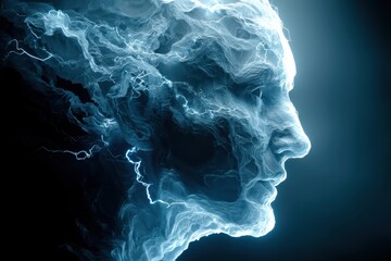 Fototapete - A digital artwork depicting a human face constructed from clouds and lightning, creating a powerful and dynamic visualization of inner energy and thought processes.