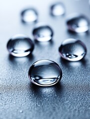 Poster - Translucent Spheres Water Droplets Close-Up - Close-up of water droplets, symbolizing purity, reflection, nature, fragility, and renewal