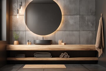 Poster - a modern minimalist bathroom interior featuring a round mirror with backlighting, concrete tiles, wo