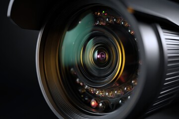 Poster - Close-up shot of a high-tech surveillance camera lens, displaying advanced security technology, with a dark background enhancing the focus on its detailed components.