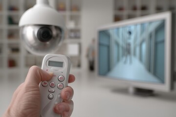 Poster - A hand operates a remote control to manage a surveillance camera and monitor the live feed on a screen, showcasing security measures and remote monitoring system.