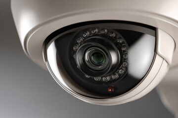 Poster - High-resolution close-up of a modern CCTV security camera, designed for surveillance and crime prevention, showcasing its advanced lens and infrared LEDs for clear imaging.