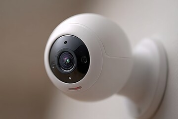Poster - A close-up shot of a modern wireless security camera mounted on a wall, emphasizing its sleek design and surveillance features for home protection purposes.