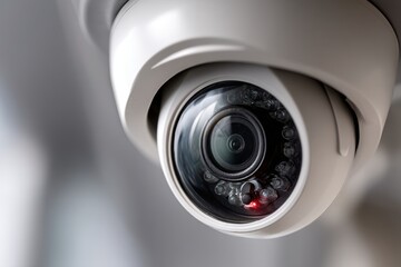 Poster - Close-up of a modern white security camera with a red light, providing surveillance for safety and protection in homes, offices, and public spaces.