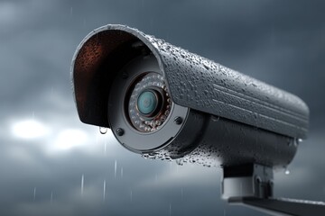 Poster - A close-up view of a modern outdoor security camera under the rain, showcasing the water droplets and sleek design against a cloudy background, ensuring protection.
