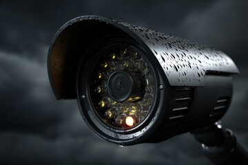 Poster - A close-up shot of a high-tech outdoor security camera, weatherproof, designed to withstand rain, with water droplets covering its surface against a stormy sky.