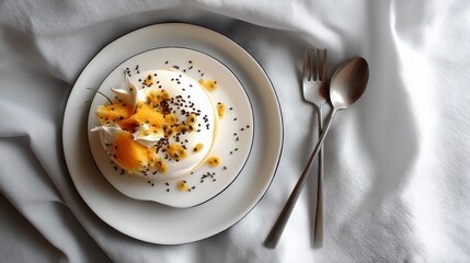 Poster - Bright and Minimalist Pavlova Dessert With Passion Fruit Served on a Simple Plate in Natural Light