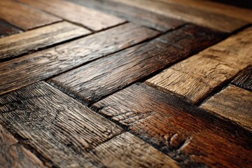 Poster - Close-up shot of a beautifully crafted dark herringbone wood floor, showcasing the rich texture and warm tones of the hardwood grain pattern.