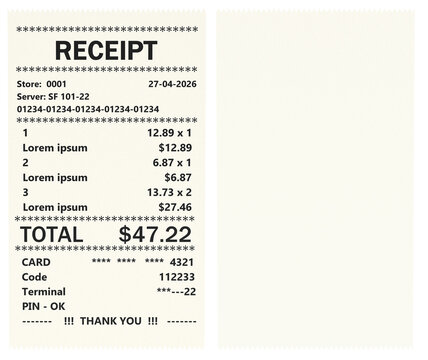 Printed receipts, bills. Check from shop and blank template mockup of receipt. 3D rendering isolated on transparent background