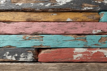 Poster - A rustic and vibrant wooden background with weathered planks featuring colorful paint and a textured surface, showcasing age and character, perfect for designs.