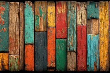 Poster - a rustic and colorful wooden wall made from reclaimed wood planks, showing textures and patterns, id