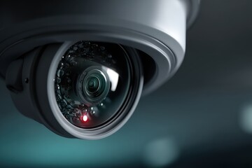 Poster - A modern surveillance camera with a sleek design, monitoring the surroundings with a red light, ensuring safety and security, day and night, indoor and outdoor.