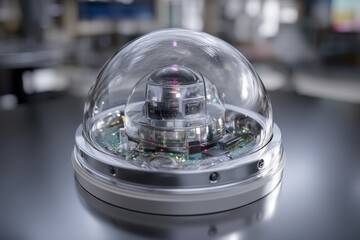 Poster - A high-tech security surveillance camera with a clear dome cover, showcasing the intricate inner workings and advanced technology, mounted on a reflective metallic surface.