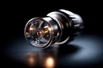 Poster - A detailed close-up of a shiny metal and glass component with intricate details, set against a dark background, showcasing its complex structure and reflective surfaces.