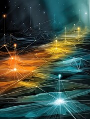 Leinwandbilder - Network of Bots Transmitting Light Across a Digital Landscape Filled With Vivid Colors and Patterns