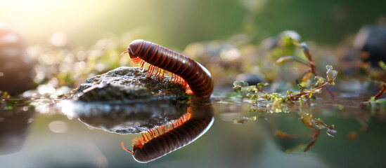 a millipede climbing a small rock, its segmented body reflected in the soft sunlight. the surroundin